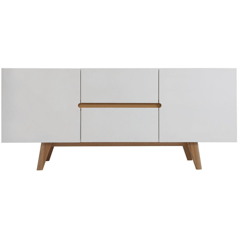 Miliboo - Buffet scandinave blanc brillant et finition bois clair 2 portes 2 tiroirs L160cm melka