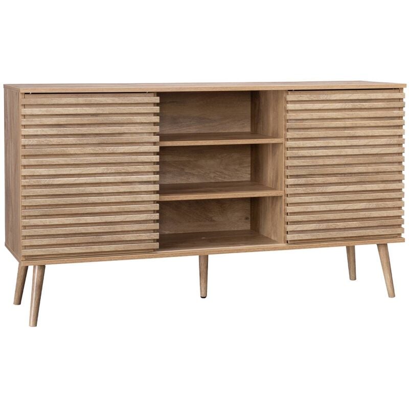 Buffet scandinave décor bois avec 2 portes coulissantes rainurées et 4 étagères. buffet bas. l 140