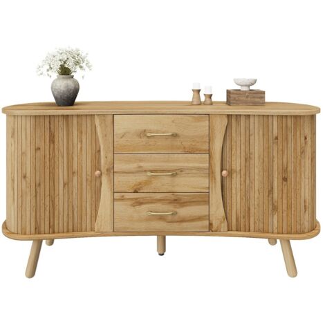 Buffet scandinave motif rainuré 2 portes coulissantes 3 tiroirs pieds bois massif MDF dimensions 150x36,5x75 cm - Naturel