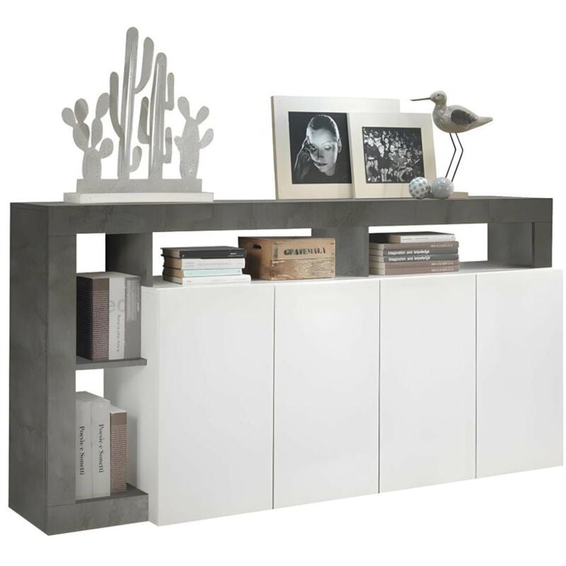 Vente-unique - Buffet sefro - 4 portes et 4 niches - Blanc laqué et béton