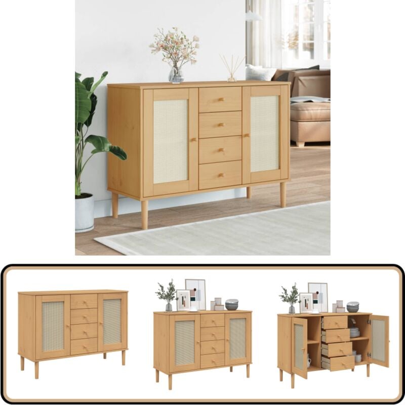 Vidaxl - Buffet senja aspect rotin marron 112x40x80cm bois massif de pin - Buffet Design Moderne - Meuble Rangement - Commode Bois - Bibliothèque