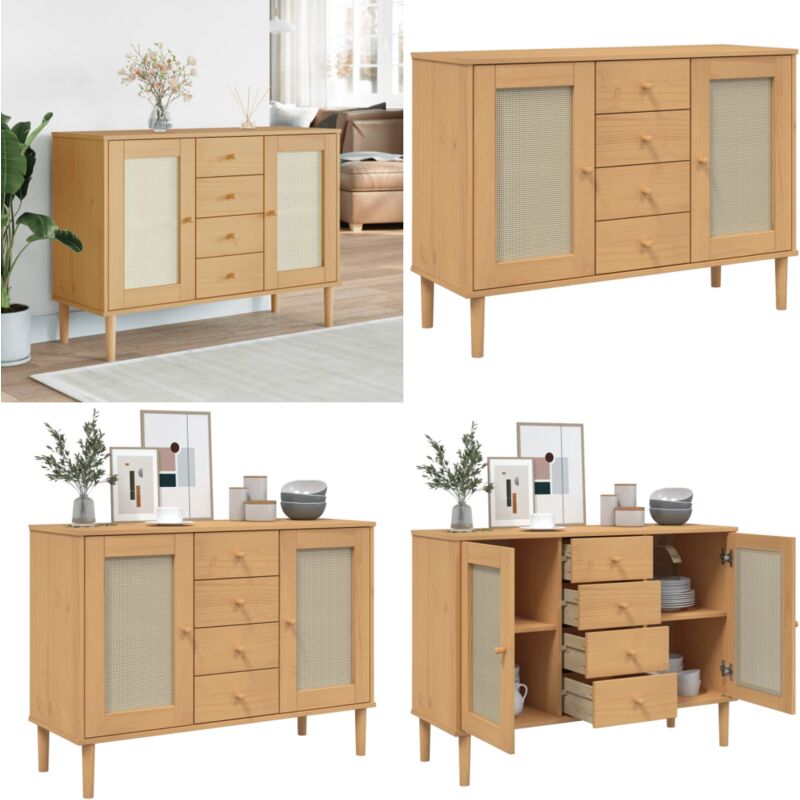 Buffet senja aspect rotin marron 112x40x80cm bois massif de pin - Buffet Design Moderne - Meuble Rangement - Commode Bois - Bibliothèque Murale