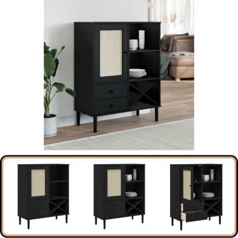 Buffet SENJA aspect rotin noir 90x40x112cm bois massif de pin - Meuble Haut - Buffet - Commode - Rangement - Bois Massif