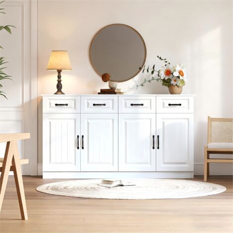 Buffet Sideboard 160cm - En MDF Blanc avec 4 Tiroirs & 4 Portes - Pour Salon, Cuisine, Bureau - Blanc