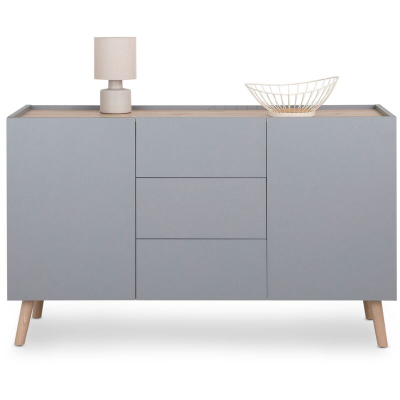 Idimex - Buffet skandi style scandinave en bois avec 3 tiroirs et 2 portes lasuré gris