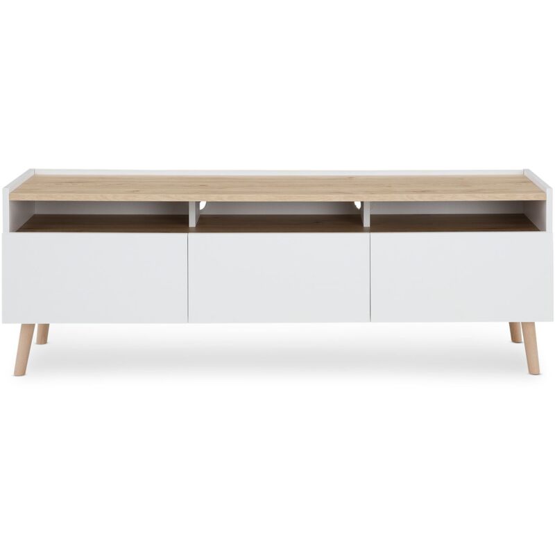 Meuble tv skandi l 150 cm style scandinave en bois avec 3 tiroirs - Blanc