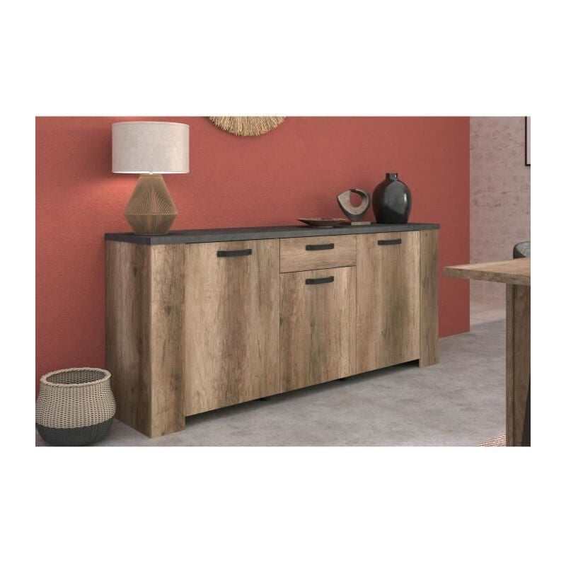 Buffet - STEIN - Chene et steam black - 3 portes - 1 tiroir - 182 x 40 x 78 cm - PARISOT