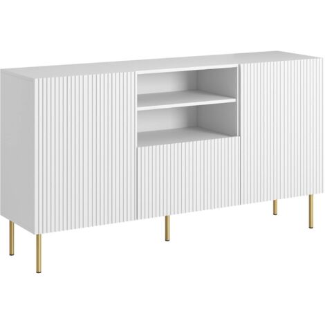 Buffet Stornara, Buffet de salon avec deux portes battantes, un tiroir et deux compartiments ouverts, Design effet roseau, 150x42 h82 cm, Blanc