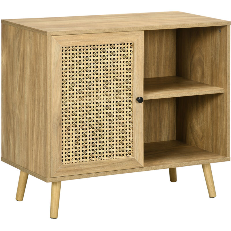 Homcom - Buffet style bohème - 1 porte, étagère, 2 niches - piètement bois panneaux aspect bois manguier rotin