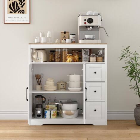 Buffet style campagnard 100 cm, buffet de cuisine avec 1 porte et 3 tiroirs, rangement ouvert, étagères réglables, pour salon, cuisine - Blanc