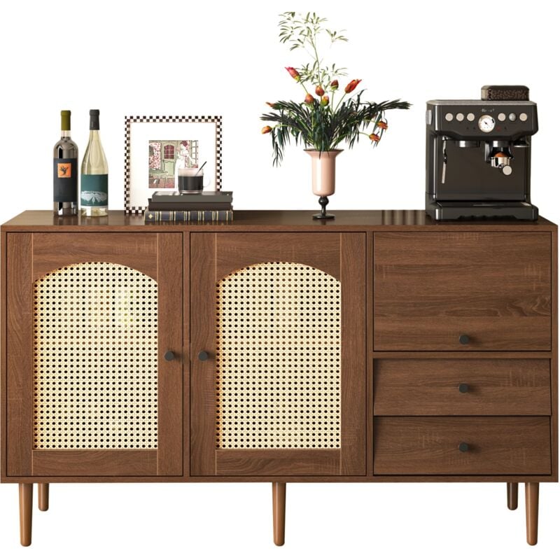 Fortuna Lai - Buffet style campagnard 130 x 75,5 x 40 cm - avec portes en rotin - fermeture magnétique, étagères réglables, construction robuste