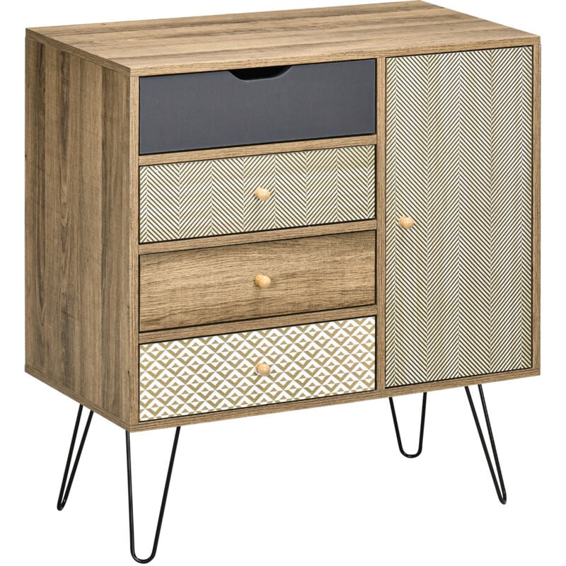 Buffet style industriel motif graphique - porte, étagère, 4 tiroirs - piètement épingle métal noir aspect bois