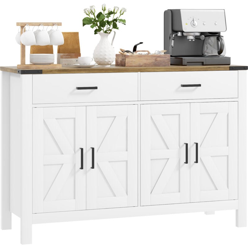 Homcom - Buffet style rural chic 4 portes façades croisillons 2 étagères 2 tiroirs - dim.120 x 39,3 x 82,5 cm - métal noir effet bois blanc