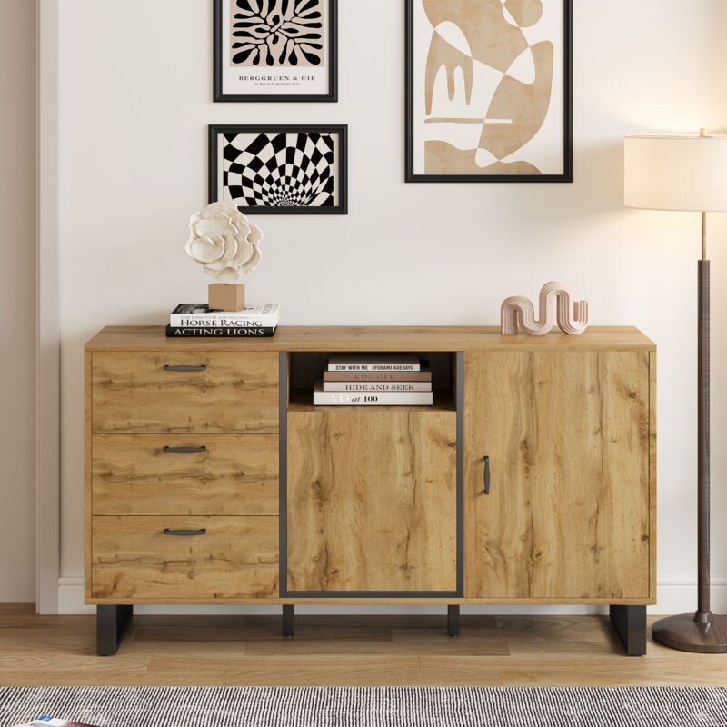 Buffet style Rustique 3 Tiroirs + 2 Portes + 5 Étagères - Commode design color block - 150x38x76.5cm - Bois Naturel