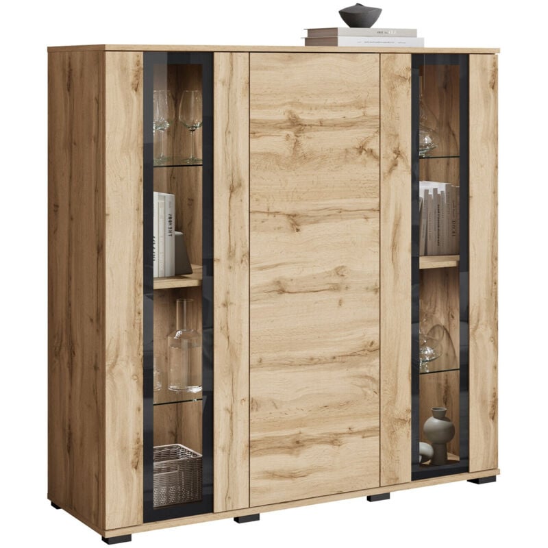 Mobilier1 - Buffet Torcame 100, Chêne wotan, 122x120cm, Le nombre de portes: 040cm, Stratifié, Verre trempé, led