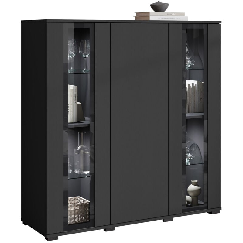 Mobilier1 - Buffet Torcame 100, Noir, 122x120cm, Le nombre de portes: 040cm, Stratifié, Verre trempé, led