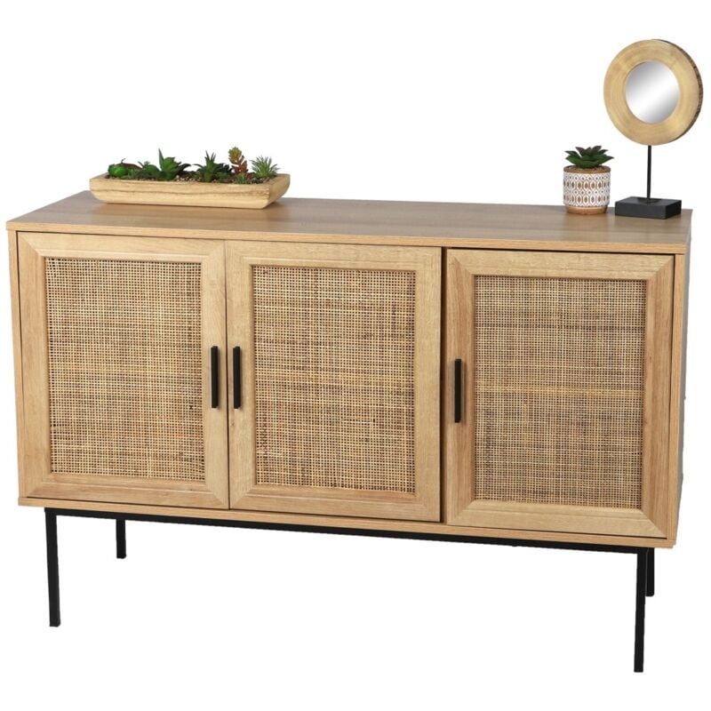 Buffet trois portes en jute – Style rustique, coloris chêne clair, dimensions 120x39x75 cm – Collection SAVORY