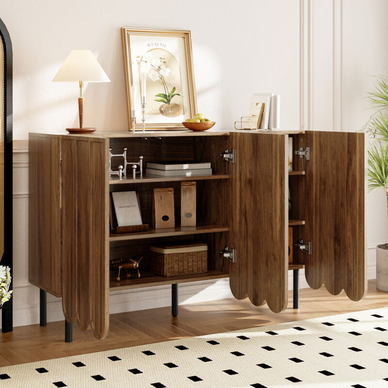 Stilvora Buffet Und Anrichte 120×35×80 Cm Mit 2 Wellentüren Ohne Griffe, Verstellbaren Böden, Aus Mdf, Walnuss