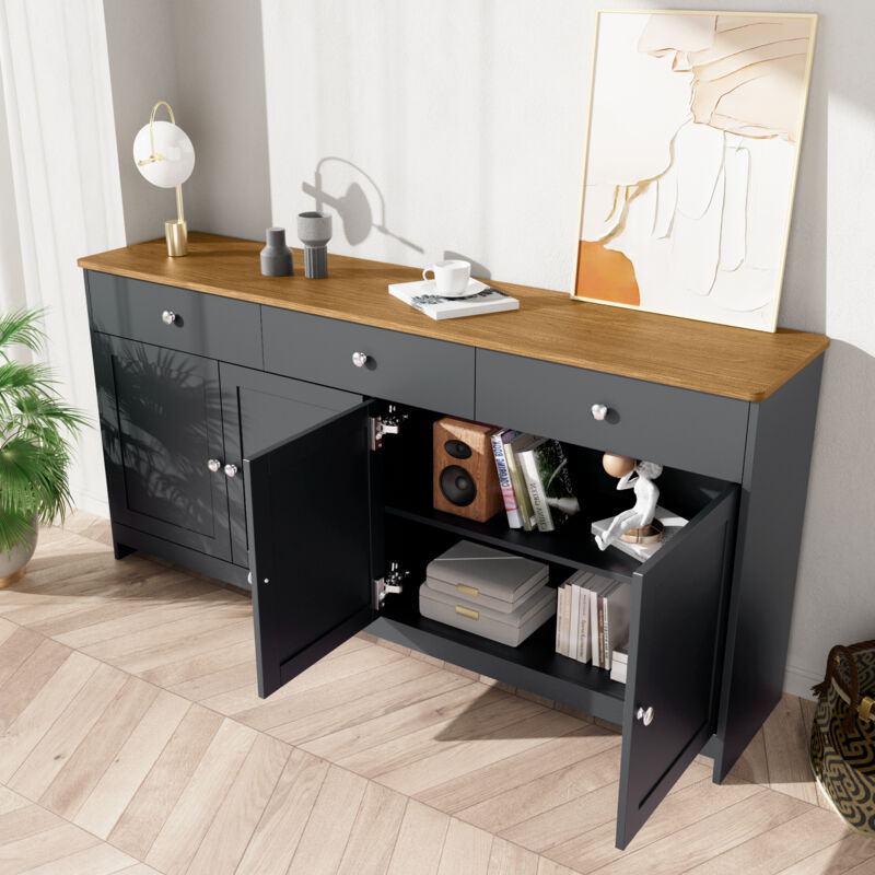 Stilvora Grau Buffet Und Anrichte Mit 4 Türen Und 3 Schubladen, Verstellbare Einlegeböden, Landhausstil, Aus Mdf, Schwarz 160×37×75 Cm