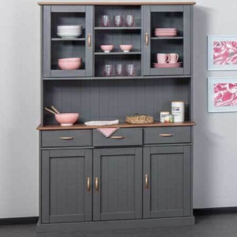 Buffet vaisselier 5 portes et 3 tiroirs en pin massif gris – Élégance durable pour intérieur moderne – Rangement fonctionnel et esthétique – Inter Link
