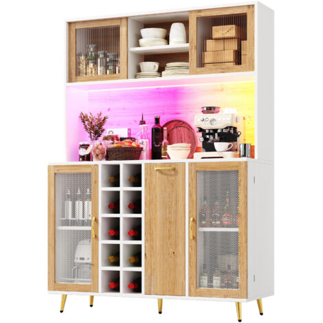Buffet vaisselier de cuisine 120cm avec led & prise intégrée, armoire de rangement avec casier à vin, buffet haut 5 portes - blanc & effet bois