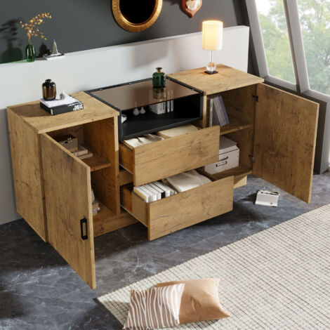 Buffet veiné de bois, meuble de rangement de cuisine salon, 2 portes 2 tiroirs avec étagères réglables, 140x40x70 cm