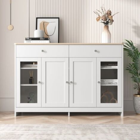 Buffet venato bianco, 4 porte, 2 cassetti, porta in vetro, legno e bianco – soggiorno e sala da pranzo