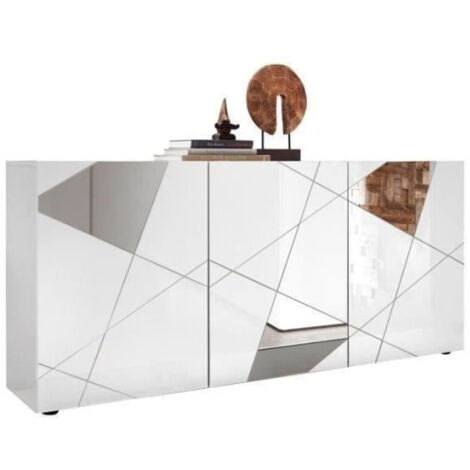Buffet VICTORY 3 Portes Blanc Laqué brillant avec serigraphie miroir L181 Cm