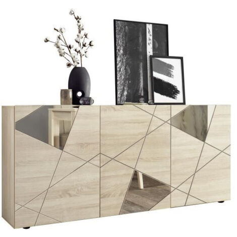 HOMEMANIA Buffet VICTORY - Décor Chene Sonoma - 3 Portes - Miroir - L 181 x P 42 x H 84 cm
