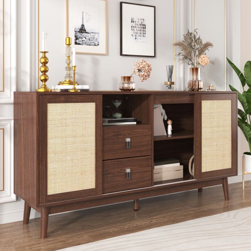 Neche – Buffet vintage 3 portes coulissantes en rotin véritable – 2 tiroirs – MDF et panneaux de particules – Dimensions 155x38x80 cm