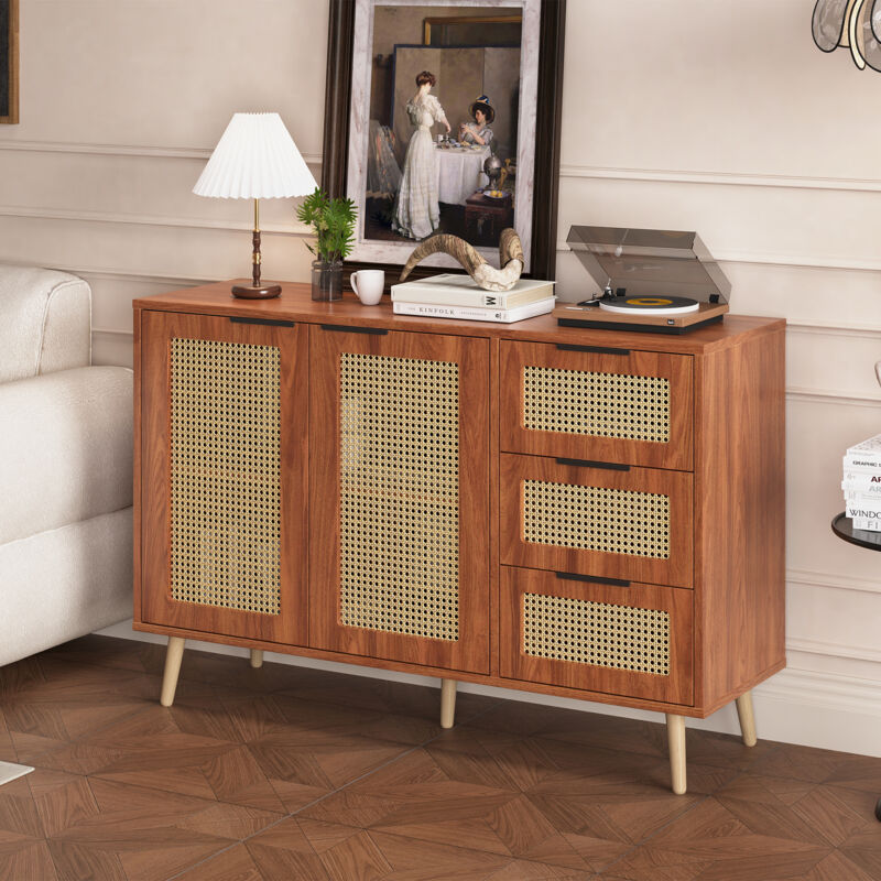 Okwish - Buffet vintage en rotin à 2 portes et 3 tiroirs, équipé de poignées noires pour salle à manger, cuisine et salon (noyer)