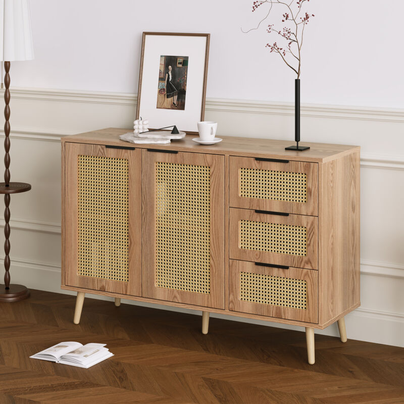 Redom - Buffet vintage en rotin à 2 portes et 3 tiroirs, équipé de poignées noires pour salle à manger, cuisine et salon (bois naturel)