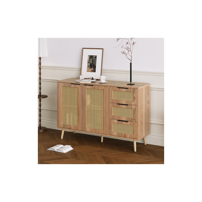 Buffet vintage en rotin avec 2 portes et 3 tiroirs, équipé de poignées noires pour la salle à manger, la cuisine et le salon (bois naturel)