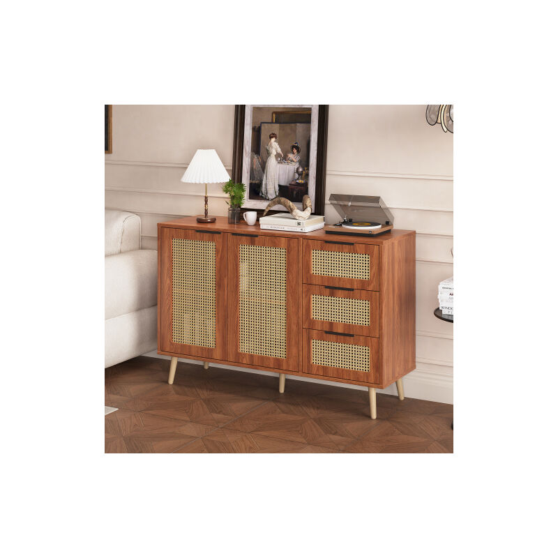 Buffet vintage en rotin avec 2 portes et 3 tiroirs, équipé de poignées noires pour la salle à manger, la cuisine et le salon (noyer)