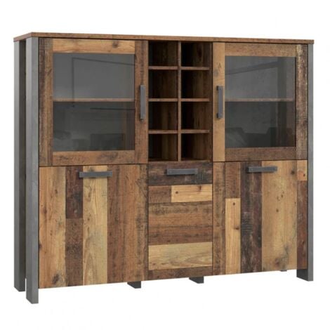 Buffet vitré 5 portes 18 niches effet bois vieilli béton gris - BUCK
