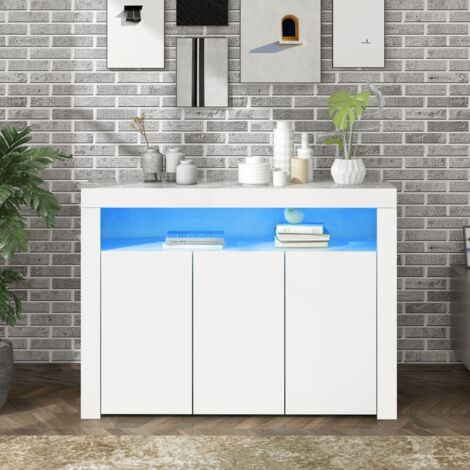 Buffet vitrine blanc laqué avec éclairage LED et télécommande, meuble moderne 3 portes pour salon, cuisine et entrée 130x35x95 cm