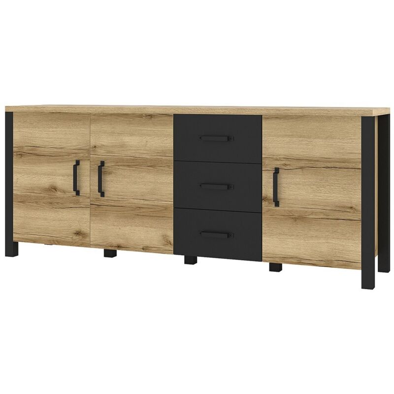 Buffet XL 190cm collection DARWIN. Couleur chêne clair et noir. 3 portes et 3 tiroirs