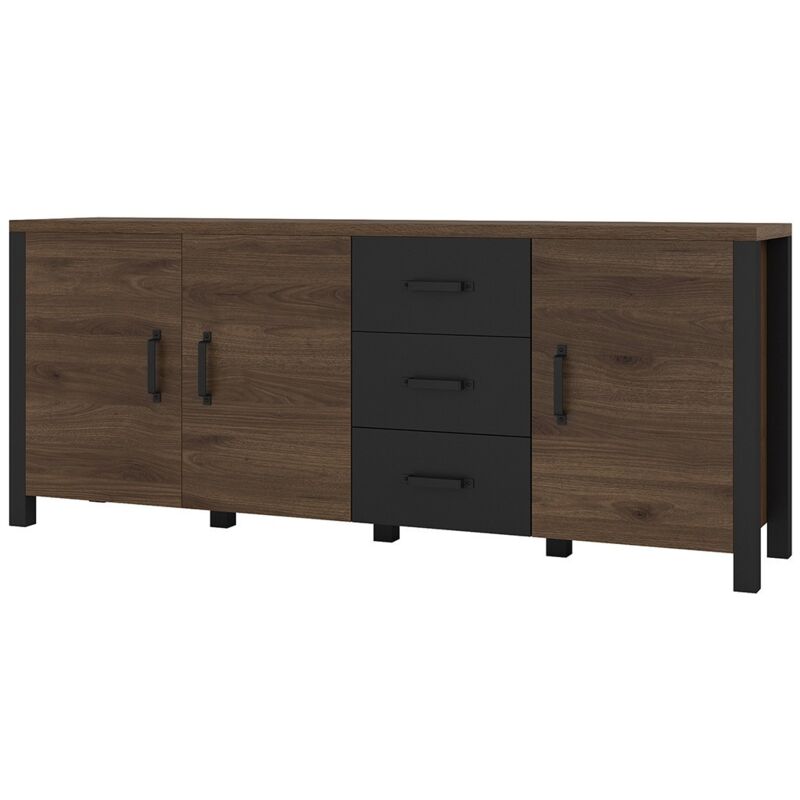Meublorama - Buffet xl 190cm collection darwin. Couleur chêne foncé et noir. 3 portes et 3 tiroirs