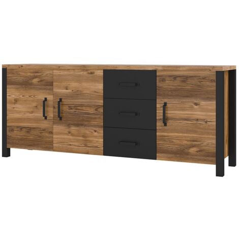Buffet XL 190cm collection DARWIN. Couleur épicéa et noir. 3 portes et 3 tiroirs - Marron - Bois