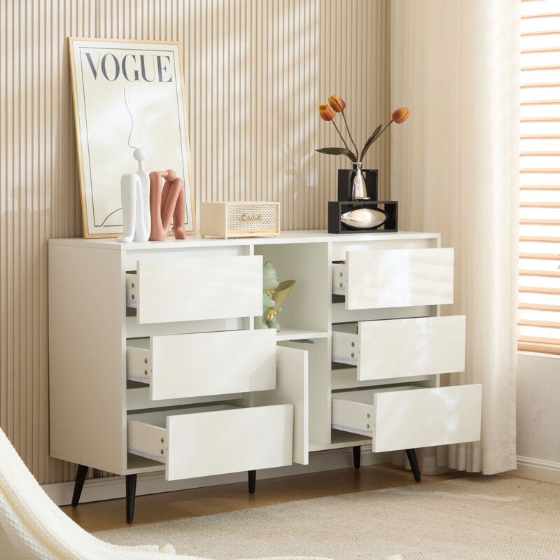 Buffet/commode brillant, éclairage led, 6 tiroirs, pieds en métal noir mat, 120x40x80 cm, blanc