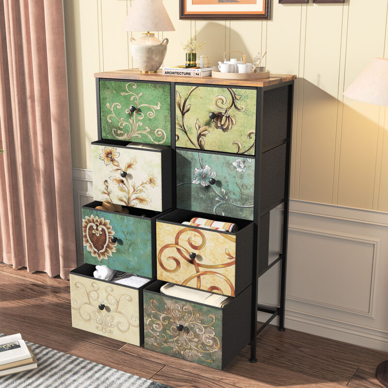 Buffet,commode,8 tiroirs,Conception rétro,motif floral,Salon,salle à manger.67.5x30x100cm,Trépied rotatif à 360 degrés,Couleur bois - Sunfecili