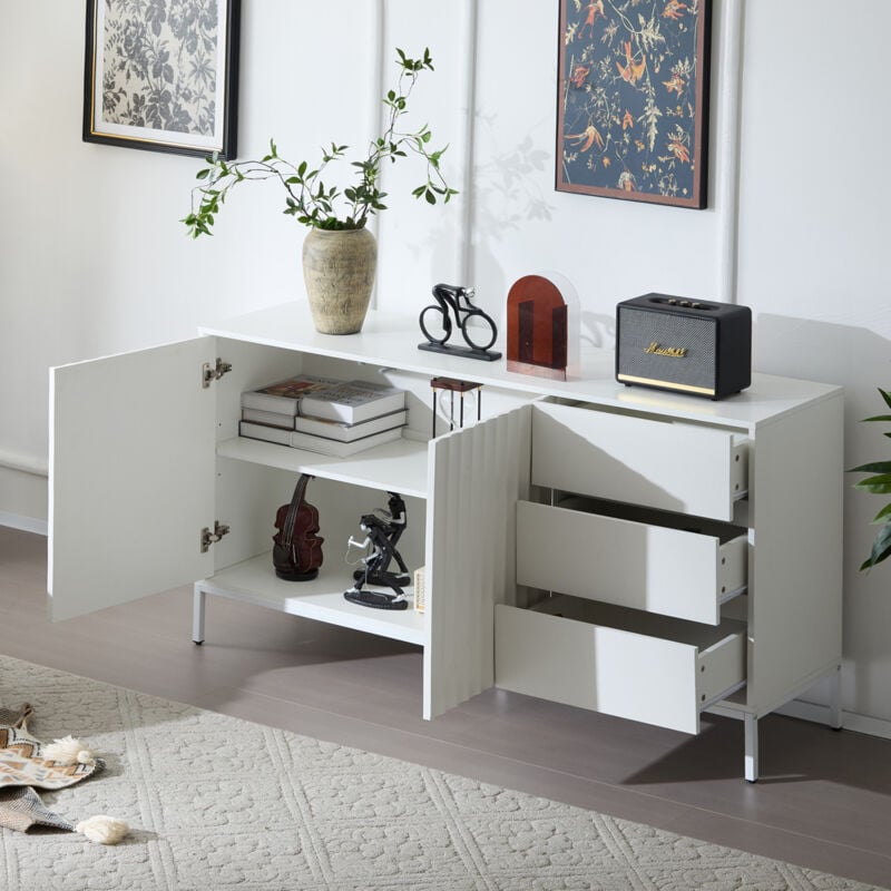 Buffet/commode/meuble de rangement, 2 portes + 3 tiroirs, étagères réglables, motif vagues, 150x40x79cm, blanc