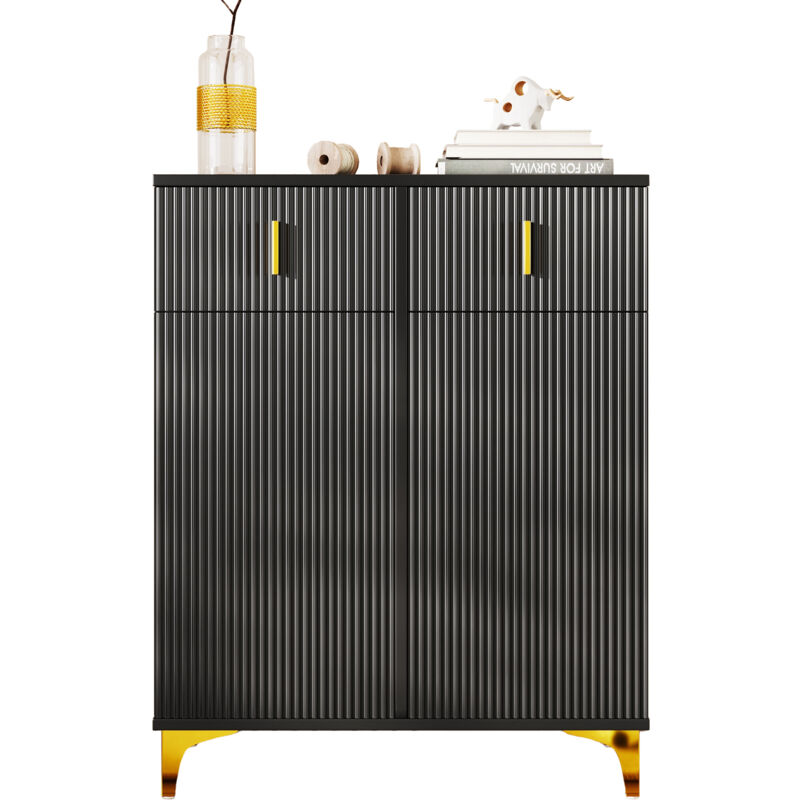 Buffet/meuble à chaussures élégant avec panneaux structurels, étagères réglables et décorations dorées, avec tiroirs