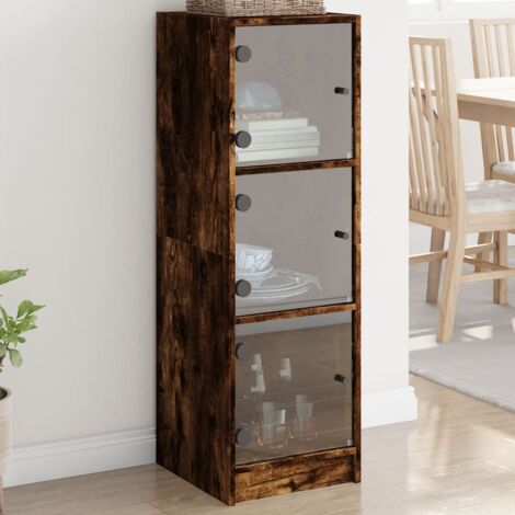 Buffet，Meuble de Rangement，Bahut pour Salon, Salle à Manger, Cuisine avec portes en verre chêne fumé 35x37x109 cm CFW910076