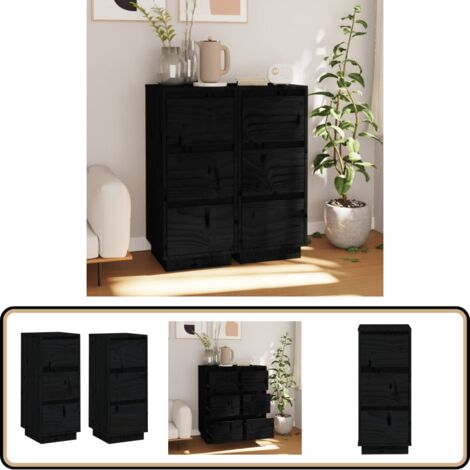 Buffets 2 pcs Noir 32x34x75 cm Bois massif de pin - Buffet Noir - Meuble Rangement - Bibliothèque - Commode - Mobilier Chambre