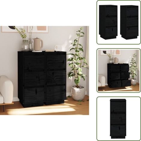 Buffets 2 pcs Noir 32x34x75 cm Bois massif de pin - Buffet Noir - Meuble Rangement - Bibliothèque - Commode - Mobilier Chambre