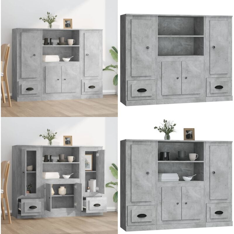 Buffets 3 pcs gris béton bois d'ingénierie - Buffet Design Moderne - Meuble Rangement Cuisine - Buffet Gris - Buffet Industriel - Buffet Salon - Home