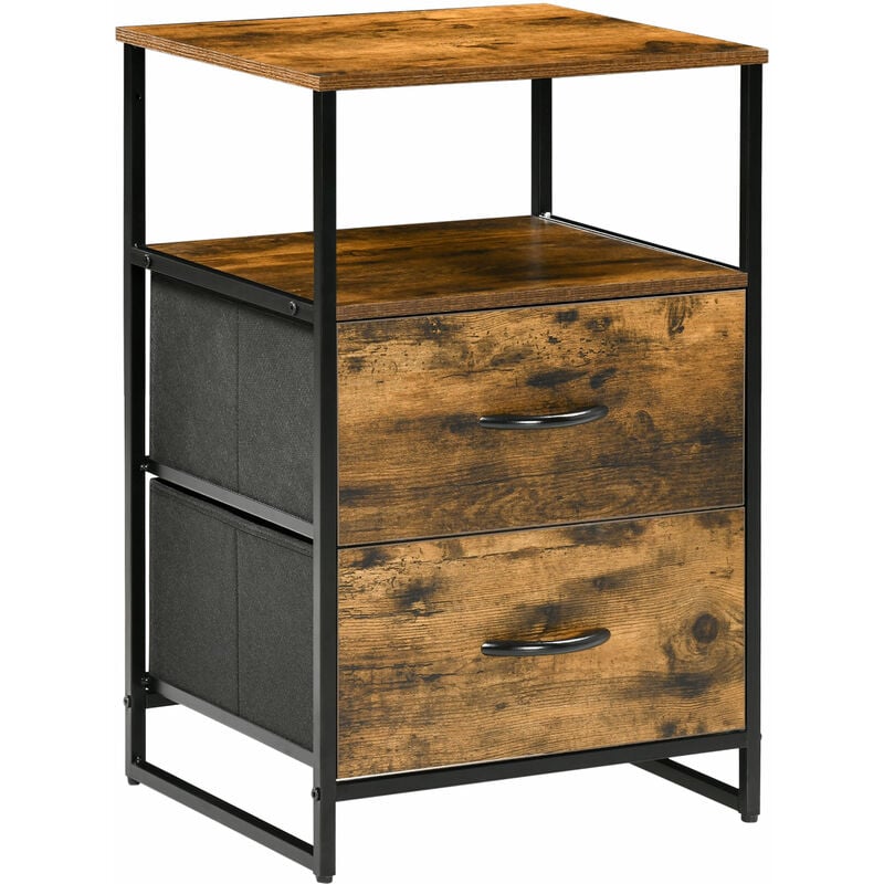 Chiffonnier design industriel - 2 tiroirs, niche, plateau - châssis acier noir mdf aspect bois avec veinage