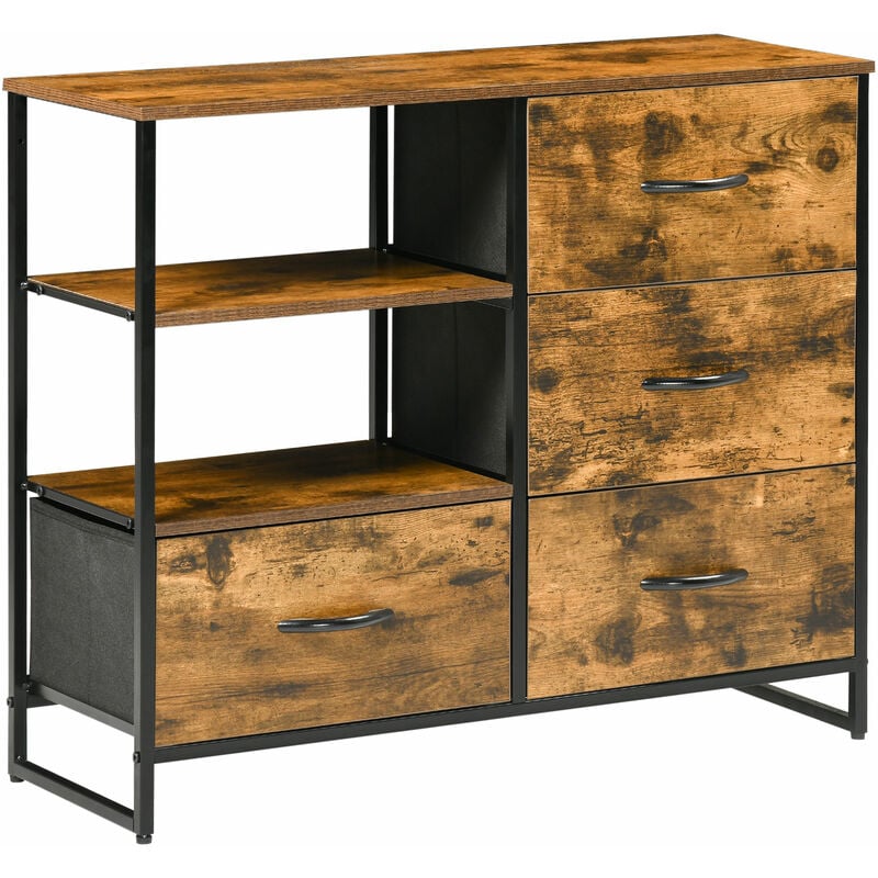 Buffet design industriel - 4 tiroirs, 2 niches, plateau - châssis acier noir MDF aspect bois avec veinage