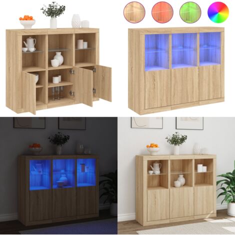 Buffets avec lumières LED 3 pcs chêne sonoma bois d'ingénierie - Buffet Moderne - Meuble De Rangement - Luminaire Led - Décoration Intérieure - Bibliothèque Murale - Home & Living